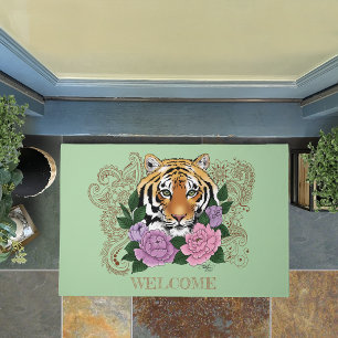 Tiger Henna Pink Purple Flowers Doormat