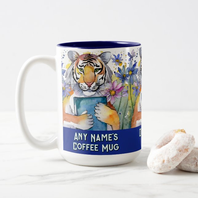 Tiger Holding Big Book | Any Name | Slogan Two-Tone Coffee Mug (With Donut)