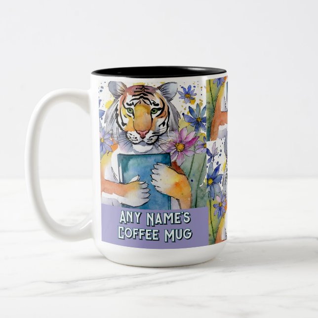 Tiger Holding the Big Book Two-Tone Coffee Mug (Left)