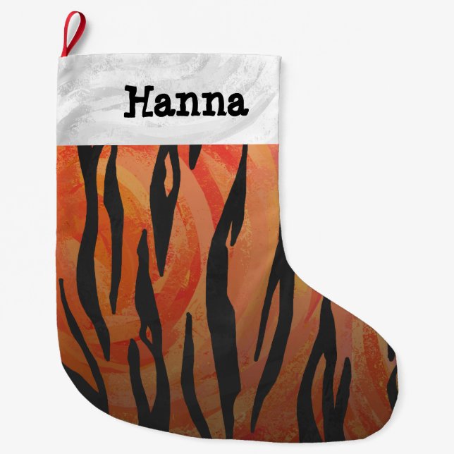 Tiger Hot orange and Black Print Large Christmas Stocking (Front)