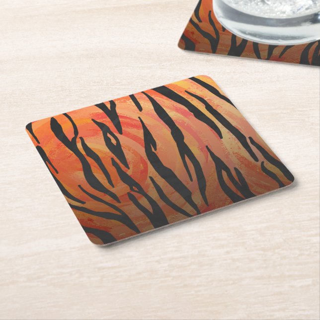 Tiger Hot orange and Black Print Square Paper Coaster (Angled)
