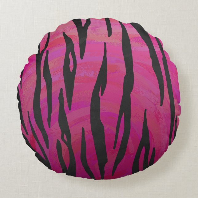 Tiger Hot Pink and Black Print Round Pillow (Front)