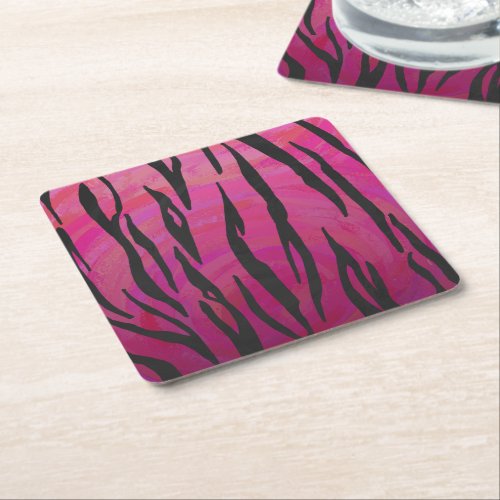 Tiger Hot Pink and Black Print Square Paper Coaster