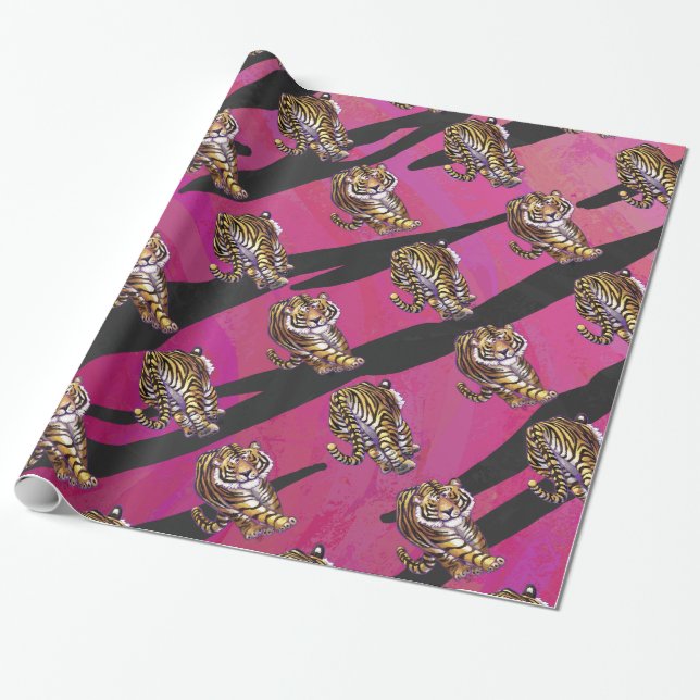 Tiger Hot Pink and Black Print Wrapping Paper (Unrolled)