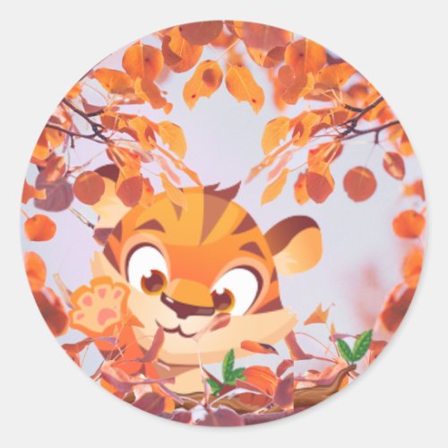 Tiger In A Falling Leaves Scene  Classic Round Sticker