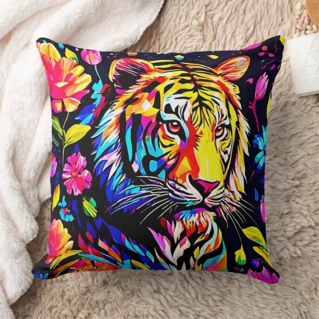 Tiger in a Floral Dream Throw Pillow (Blanket)