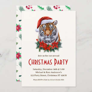 Tiger in a Santa Hat Wild Safari Christmas Party Invitation
