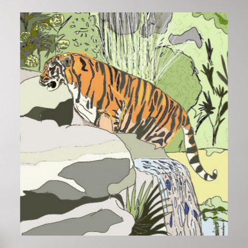 Tiger In a Waterfall Poster