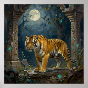 Tiger in Ancient Dunes under the Full Moon Poster