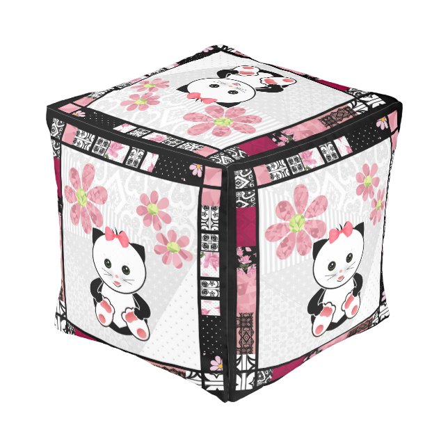 Tiger in bed illustration kids childish print pouf (Angled Back)