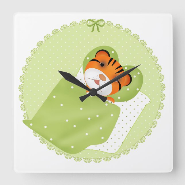 Tiger in bed illustration kids childish print square wall clock (Front)