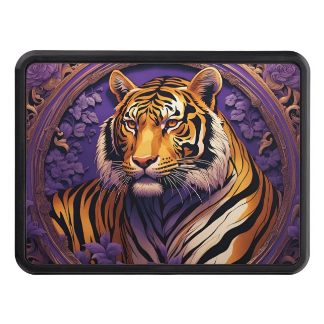 Tiger in purple and gold hitch cover (Front)