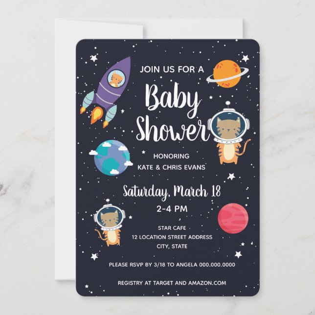 Tiger in Space Baby Shower Space Navy Galaxy Invitation (Front)