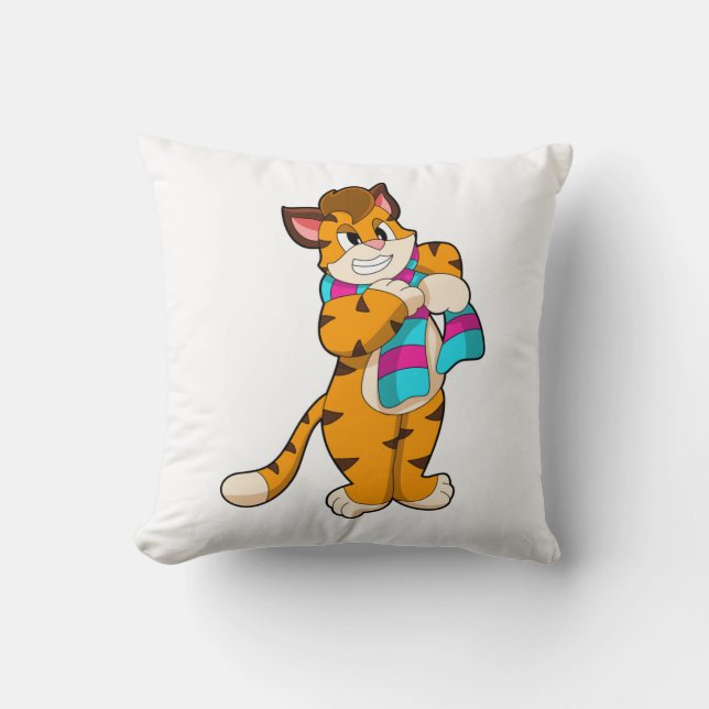 Tiger in Winter with Scarf Throw Pillow (Front)