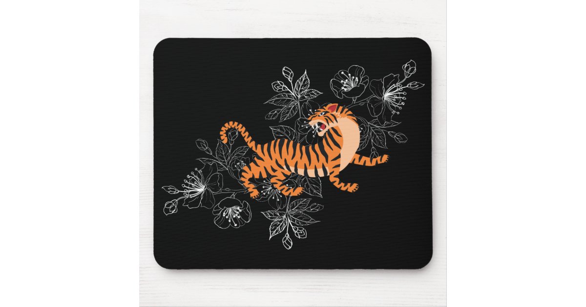 Tiger Japanese Art Style Black Background Mouse Pad