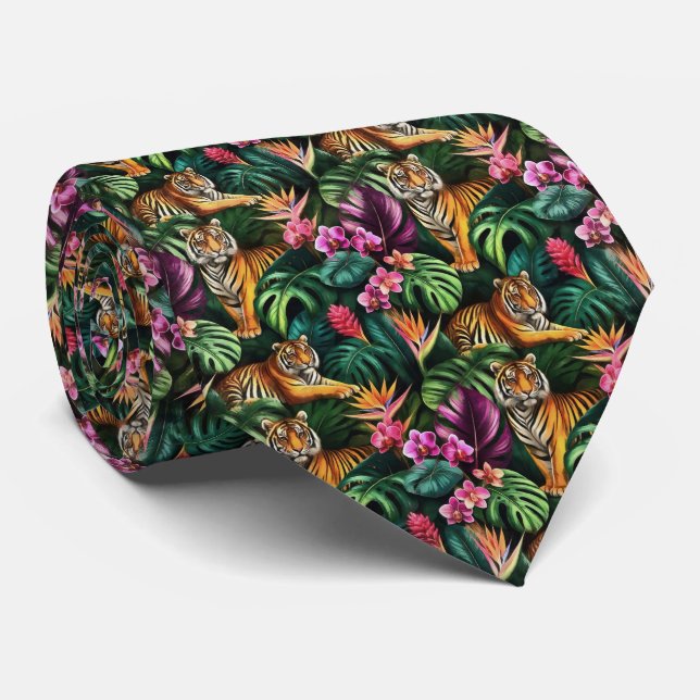 Tiger Jungle Dreams Seamless Surface Pattern Neck Tie (Rolled)
