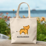Tiger Kids Cute Personalized Tote Bag<br><div class="desc">This kids' tote bag for animal lovers features a cute illustration of a tiger. Personalize it with your child's name in black letters. The design appears on both sides of the bag. Makes a great book bag for boys or girls!</div>