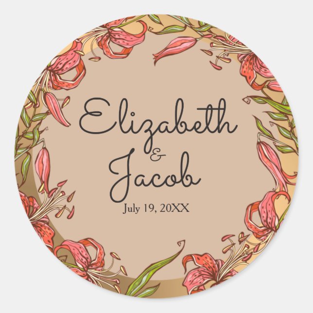Tiger Lilies Wedding Classic Round Sticker (Front)