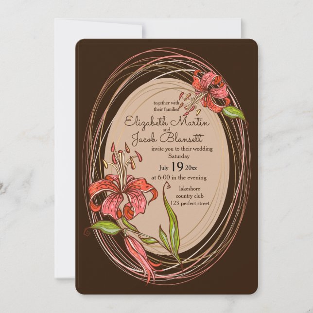 Tiger Lilies Wedding, dark brown Invitation (Front)