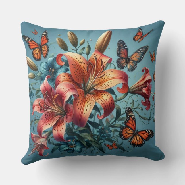 Tiger Lilies With Butterflies Throw Pillow (Back)