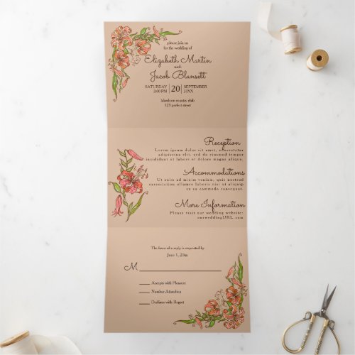 Tiger Lily All in One Wedding Tri_Fold Invitation