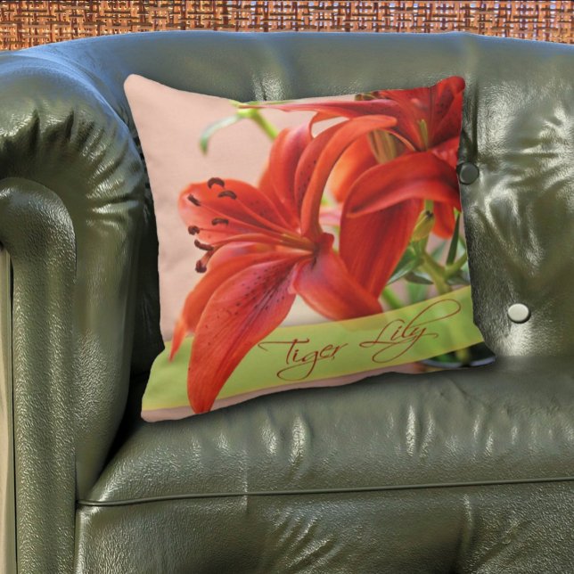 Tiger Lily Close-Up Photograph and Typography Throw Pillow (throw pillow same design front and back )
