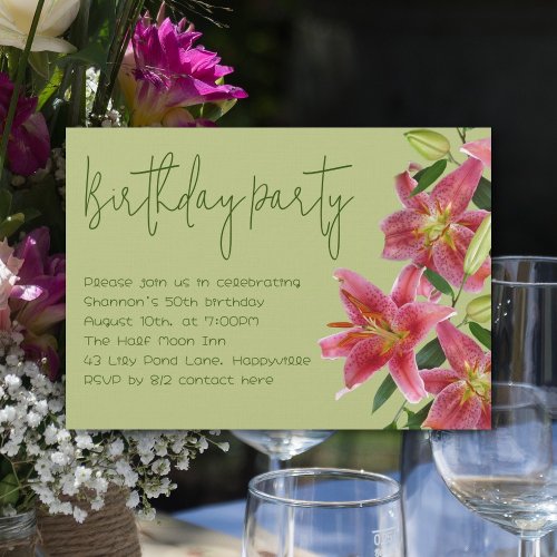 Tiger Lily Flowers Adult Birthday Party Invitation