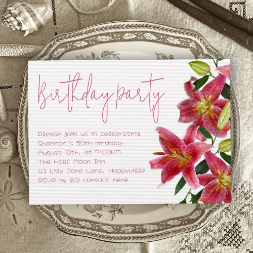 Tiger Lily Flowers Adult Birthday Party Invitation