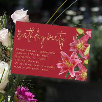 Tiger Lily Flowers Adult Birthday Party Invitation by millhill at Zazzle