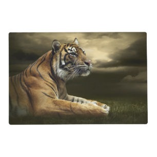 Tiger looking and sitting under dramatic sky placemat