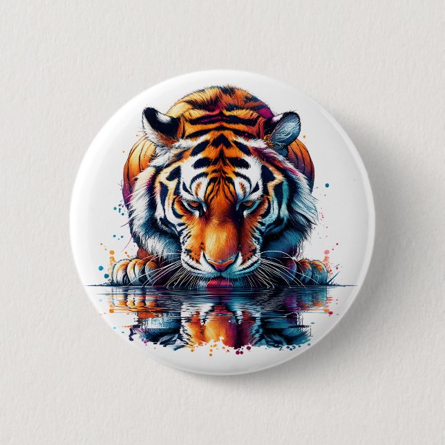 Tiger looking at Reflection in Water Button (Front)