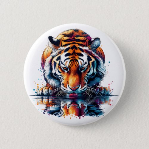 Tiger looking at Reflection in Water Button