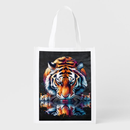 Tiger looking at Reflection in Water Grocery Bag