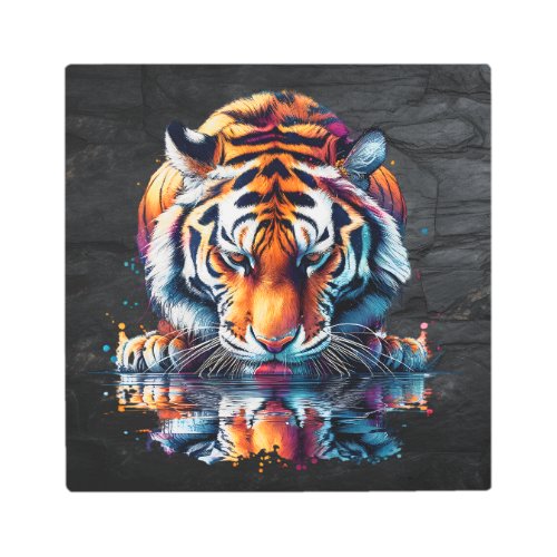 Tiger looking at Reflection in Water Metal Print