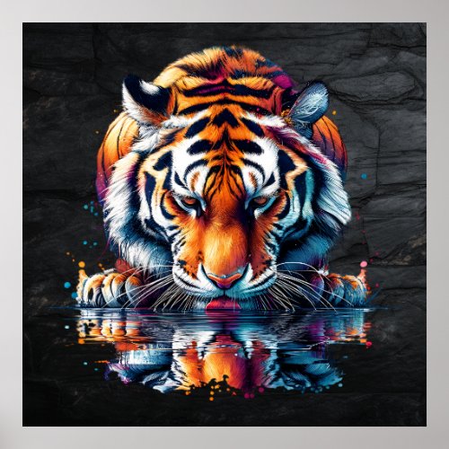 Tiger looking at Reflection in Water Poster
