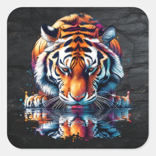Tiger looking at Reflection in Water Square Sticker