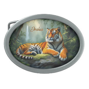 Tiger lounging in the jungle with waterfall belt buckle