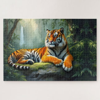 Tiger lounging in the jungle with waterfall jigsaw puzzle