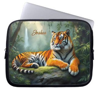 Tiger lounging in the jungle with waterfall laptop sleeve