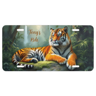 Tiger lounging in the jungle with waterfall license plate