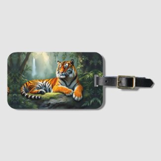 Tiger lounging in the jungle with waterfall