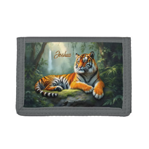 Tiger lounging in the jungle with waterfall tri-fold wallet