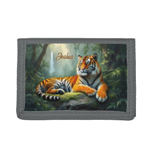 Tiger lounging in the jungle with waterfall tri-fold wallet