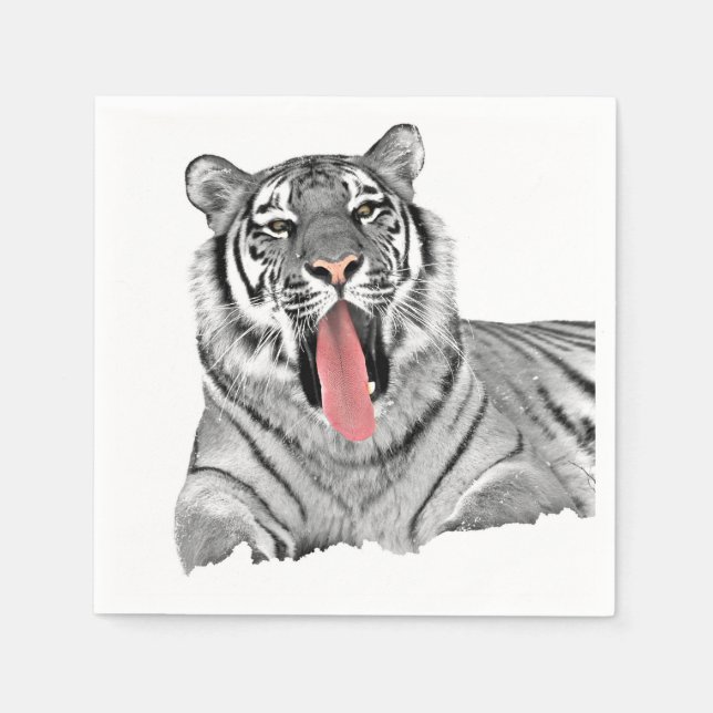 Tiger lying in snow and showing tongue napkins (Front)