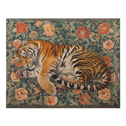 Tiger lying on a Floral Rug Faux Canvas Print