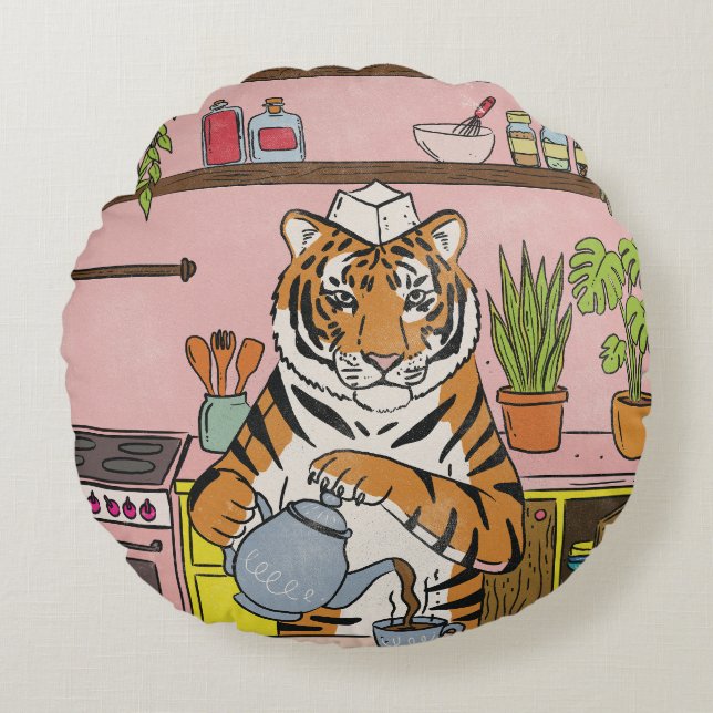 Tiger Making Tea Round Pillow (Front)