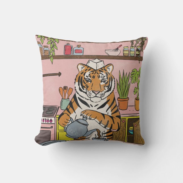 Tiger Making Tea Throw Pillow (Front)