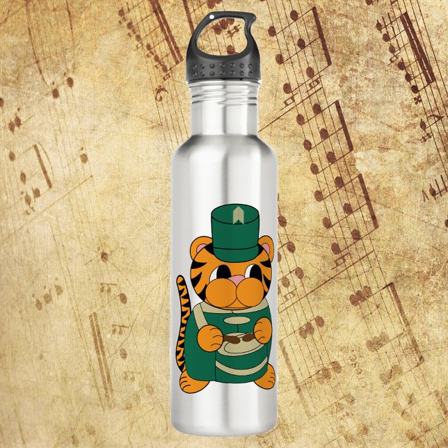 Tiger Marching Band Snare Drum Green and Gold Stainless Steel Water Bottle (A water bottle with a tiger playing the drums in a green and gold marching band uniform)