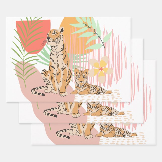 Tiger Mom and Baby In the Jungle Wrapping Paper Sheets (Set)