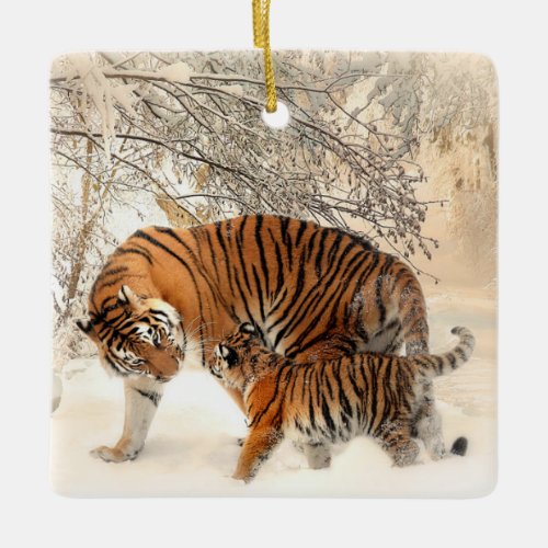 tiger mom and baby porcelain ornament